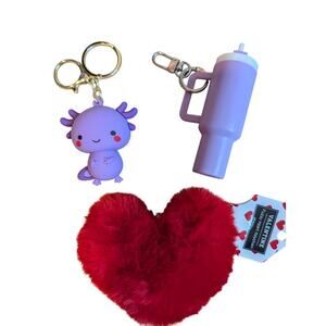 Axolotl, Drink Tumbler and Fuzzy Heart Bag Charm Keychain Bundle New